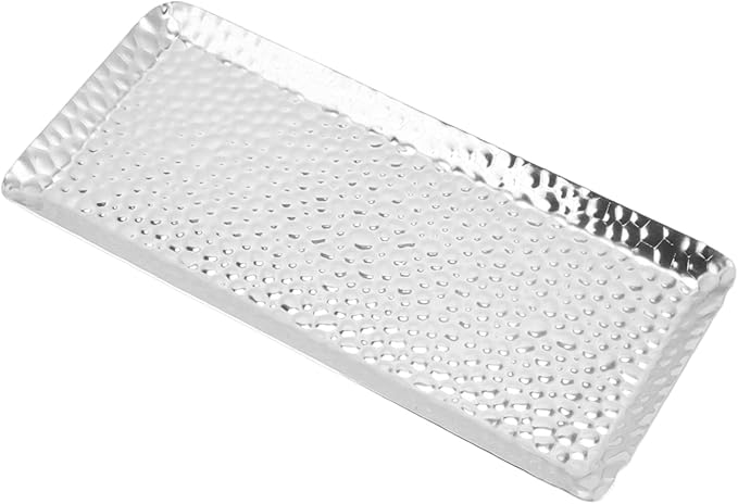 Dioche 4x12 SilvStylish 25x11cm Hammered Stainless Steel Serving Tray - Multipurpose for Desserts, Fruits & Refreshments - Dishwasher Safe Elegance for Home & Restaurant (Silver)