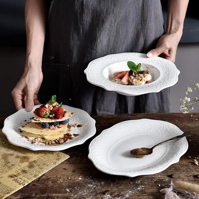 SOUJOY Set of 6 Salad Plate, 8 Inch Porcelain Dessert Serving Plates, Embossed Printing Small Dinner Dish for Pancakes, Steak, Microwave, Dishwasher Safe