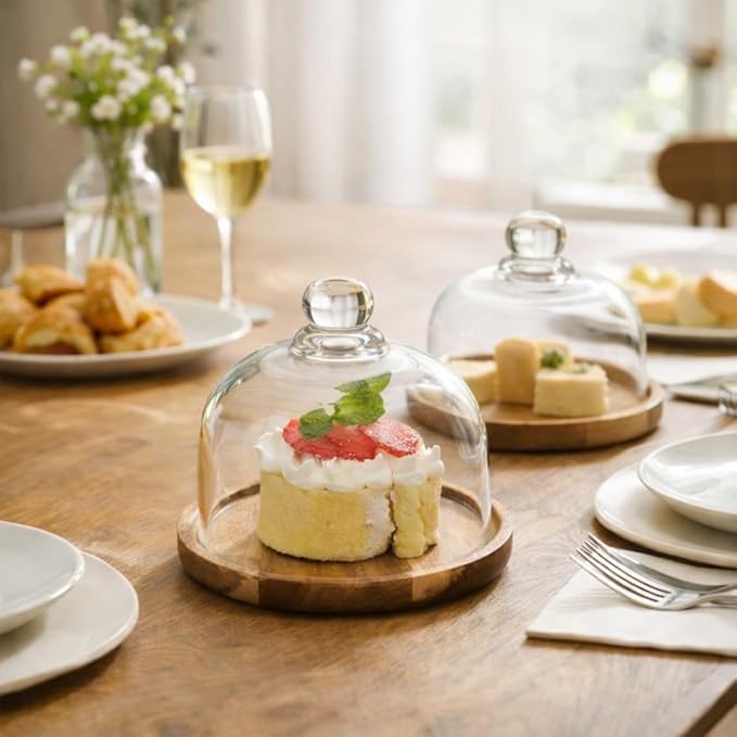 Mini Glass Dessert Display Stand with Dome Lid, Round Serving Tray with Clear Glass Cover, Small Cake and Cheese Display for Tabletop Use (light brown)