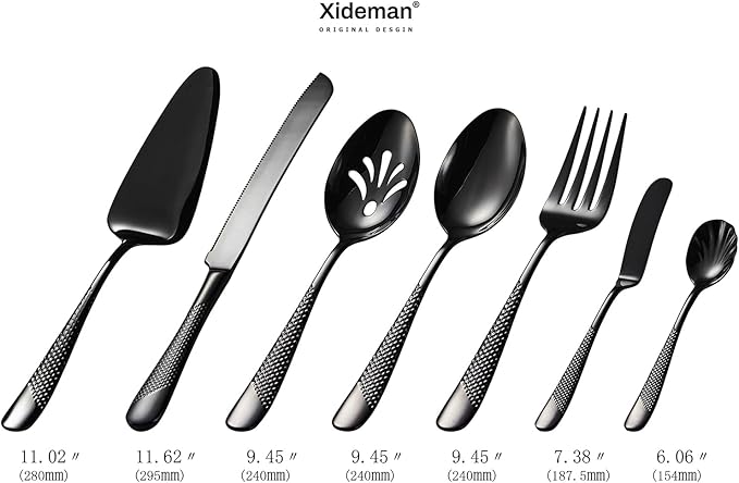 Xideman® 7-Piece Hammered 18/10 Stainless Steel Silverware Serving Utensil Set - Hostess Flatware with Cake Knife & Cake Server (Black)