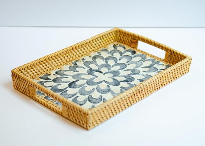 Magenta & Teal Decorative Rectangle Rattan Serving Tray 13x9 inch Mother of Pearl Inlay, Wicker Coffee Table Decor, Farmhouse (Blue Tan Flower)