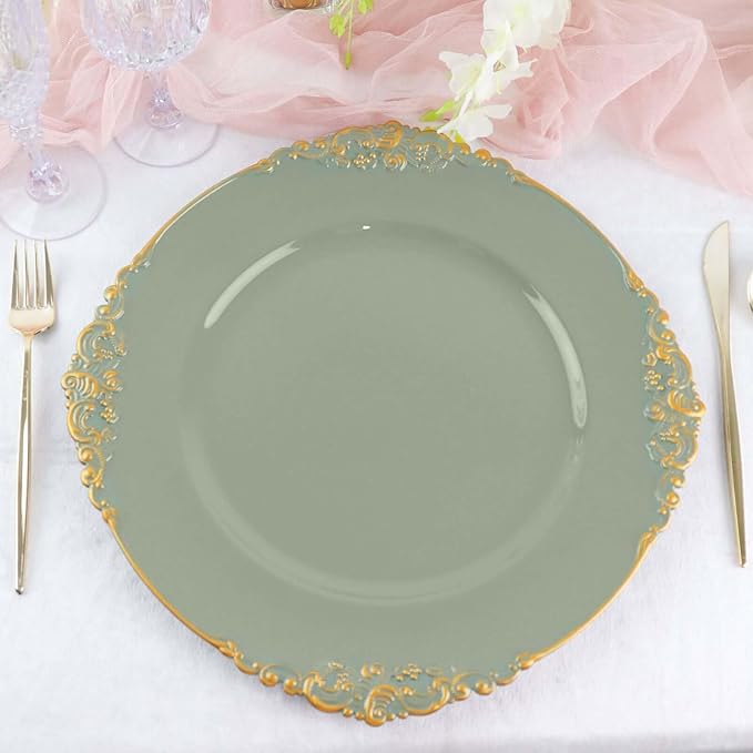 13" Charger Plates -Set of 12 - Acrylic Dusty Sage Green Round Baroque Disposable Chargers Leaf Embossed Rim, Ideal for Dinner Party Wedding Bulk Events