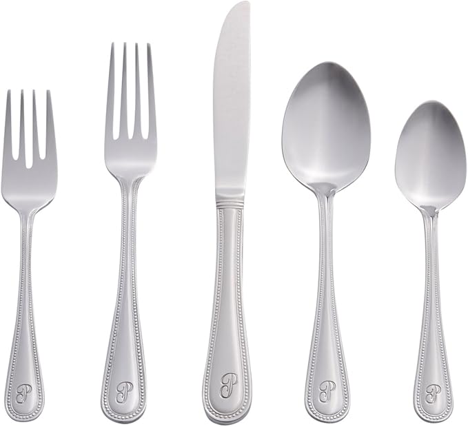 RiverRidge Monogrammed Beaded Flatware Set - P - 46-Piece Silverware with Custom Letter Stamp, 18/0 Stainless Steel Utensils Set for Daily Use & Special Occasions - Dishwasher Safe, Versatile Design
