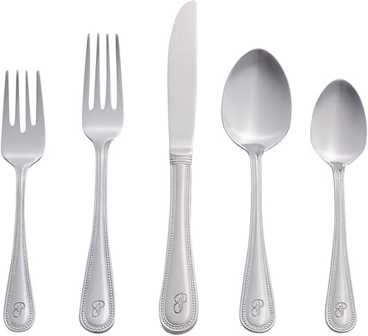 RiverRidge Monogrammed Beaded Flatware Set - P - 46-Piece Silverware with Custom Letter Stamp, 18/0 Stainless Steel Utensils Set for Daily Use & Special Occasions - Dishwasher Safe, Versatile Design