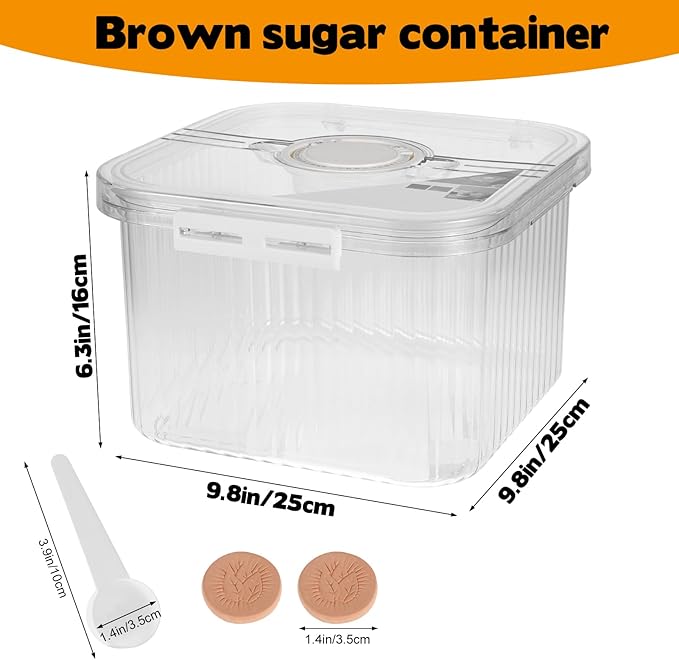 Airtight Brown Sugar Container 5.2Qt(5L) Large Brown Sugar Keeper Storage Container with Spoon Plastic Clear food Saver Jar Canisters with lid for home kitchen Rice Container Baking Salt Snack