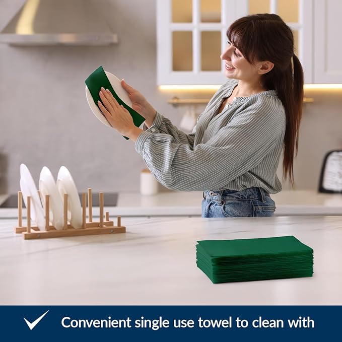 PAW - 50-Pack Disposable Dark Green Linen-Feel Guest Towels 8" x 4" Folded, European Quality Hand Towels, Elegant Dinner Napkins for Special Occasions - Wedding, Birthday, Holiday, Bridal Shower