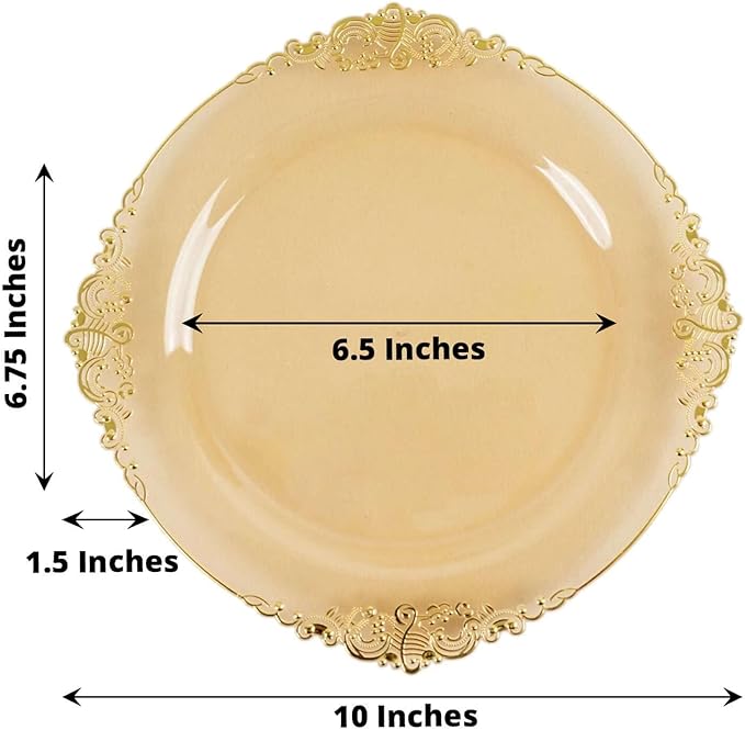 10" Dinner Plates -Set of 30 - Plastic Transparent Gold Round Baroque Disposable Chargers Leaf Embossed Rim, Ideal for Dinner Party Wedding Bulk Events