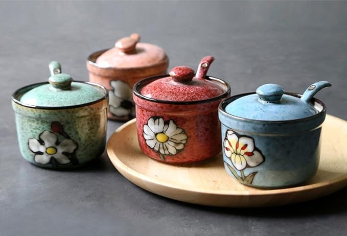 Handmade Ceramic Sugar Bowl with Lid and Spoon, 9oz Porcelain Condiment Jar with Hand-Painted Floral Design, Colorful Seasoning Container for Sugar, Salt, Spices Kitchen (4 colors)