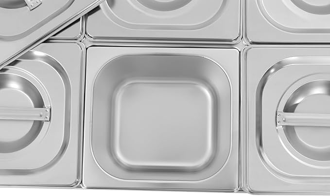 6 Pans Ice Food Serving Display Container, Stainless Steel Serving Tray Catering Supplies Buffet Display Condiment Dispenser Plate Case with Acrylic Replaceable Lids for Restaurant Hotel Kitchen