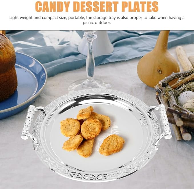 Zerodeko Stainless Steel Tea Tray Tea Serving Platter with Handles European Serving Tray Round Dinner Plate Retro Fruit for Food Fruit Coffee Silver