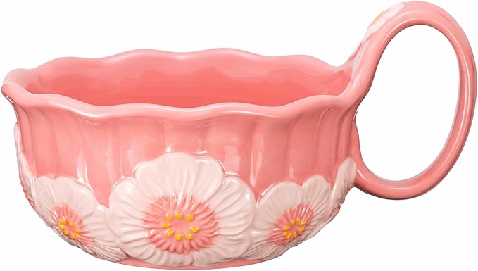 silesia Handmade Ceramic Soup Bowl, 30 oz Hand Painted Bowl with Loop Handle, Floral Design Cereal Bowl for Soup, Ice cream, Snack, Microwave & Dishwasher Safe (Pink)