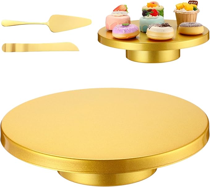 Wenqik Metal Gold Cake Stand with Cake Knife and Spatula, Round Dessert Table Display Stand Metal Dessert Tray Serving Platter for Party, Wedding, Birthday, Baby Shower, Anniversary (12 Inch)
