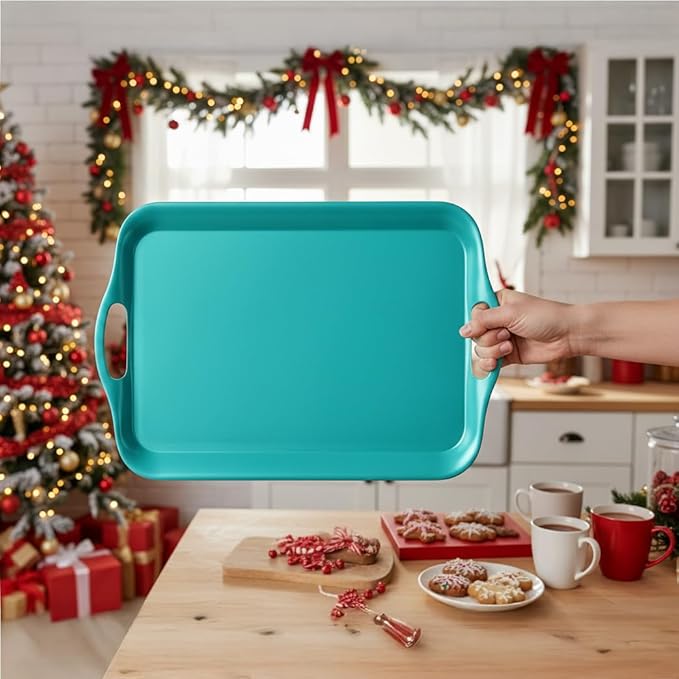 KINGEN 2-Pack Evergreen Serving Trays -18×13-inch Extra Large w/Handles Tray, Holiday Platters for Holiday Buffets, BBQ, Party Serving, Christmas Dinner Green Designed for Christmas (Bamboo Fiber)