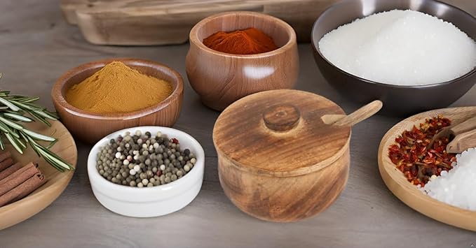 Decorative Rustic Wooden Sugar Bowl & Spoon With Lid Wide Mouth Candy Treat Jar Spice Jar Holder Condiment Nuts Serving Bowl Pot Salt Spice Herb Loose Leaf Tea Storage Container Novelty Home & Kitchen
