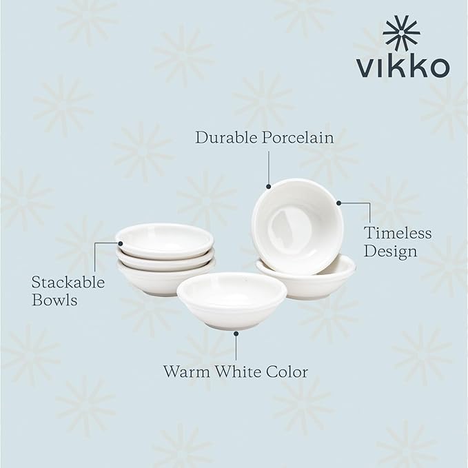 Vikko Mini White Bowls, Set of 6 Porcelain Dipping Sauce Cups, Pinch Bowls for Cooking Prep, Stackable Round Spice Bowls, Mini Bowl