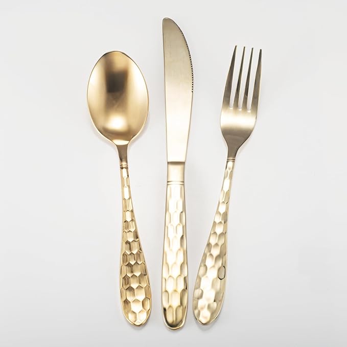 3-Piece Hammered Brass Cutlery Set, 99.99% Pure Copper High-End Kitchen Utensils Cutlery, Suitable for Home and Restaurant Cutlery Sets, Dishwasher Safe (3-piece set)
