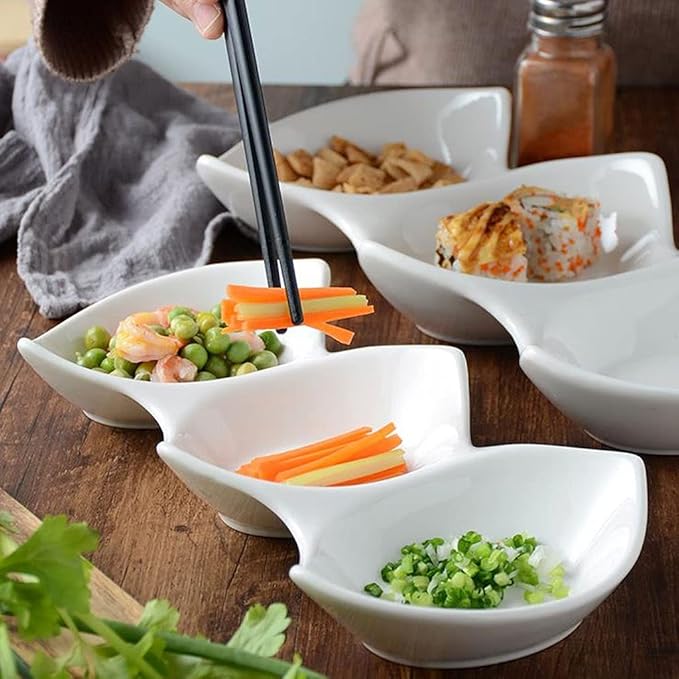 Sauce Dish 19 Oz Sauce Dish White Ceramic 3 Compartment Divided Appetizer Plates Soy Sauce Dipping Dishes Ketchup Vinegar Appetizer or Snack Dessert Condiments Dip Bowls (White 11.02x5x1.57in)