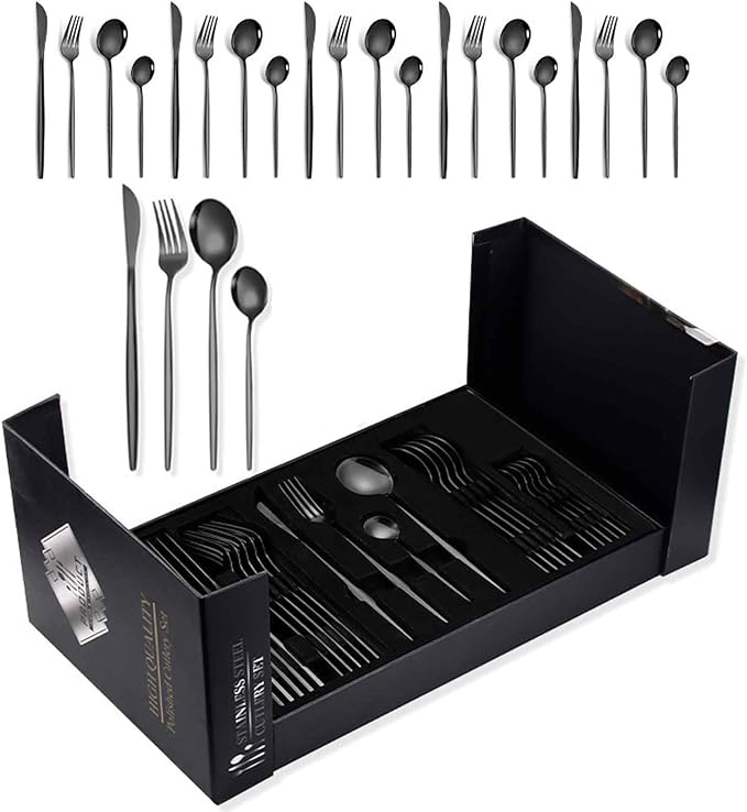 Serving Set Stainless Steel Tableware for 24 PCS, Mirror Polished, Slim Handle Serving Set for 6 for Formal Events, Parties, Food Barbeque, Dishwasher Safe(Black,C)