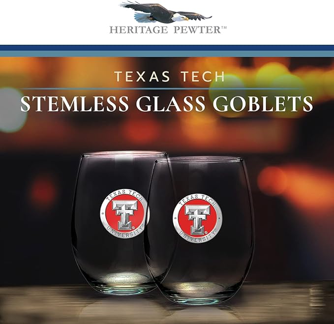 Heritage Pewter Texas Tech Red Raiders Stemless Glass Goblets – Set of 2 | 15 OZ Goblet Wine Glasses | Expertly Crafted Pewter Glass