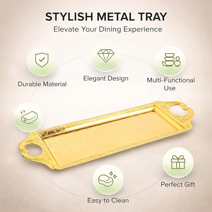 Rectangular Metal Tray, Small Elegant Decorative Serving Tray, Silver - Durable Premium Metal, Multipurpose for Veggie Tray, Coffee Table, Fruit Display