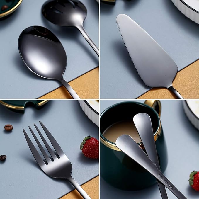 Black 10-Piece Serving Flatware Set, Stainless Steel Serving Utensil Set, Includes Slotted Spoon, Cake Server, Fork, Soup Ladle