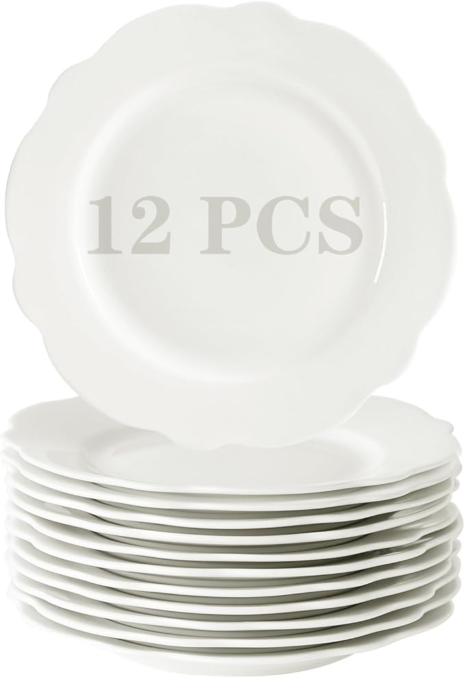 7.5 Inch Ceramic Dessert Plates Set of 12, White Leave Wave Rim Porcelain Appetizer Plate, Small Dinner Serving Plates for Cake, Salad, Side Dishes, Snacks, Oven and Dishwasher Safe