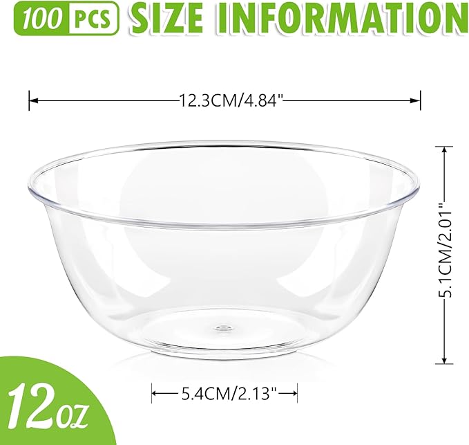 100 Pack 12 oz Clear Plastic Bowls, Disposable Salad Serving Bowls for Soup Fruit Snack Appetizer Parfait, Bulk Durable Ice Cream Dessert Bowls for Home Kitchen Wedding Catering Party Supplies