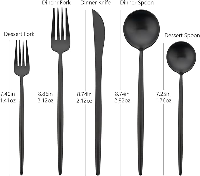 Flatware Set 18/10 Stainless Steel Matte Black - Kitchen Utensil Serving Set of Dinner Fork Knife Spoon Salad Fork Dessert Spoon,5 picec Set of 1, for Home Kitchen Restaurant Hotel