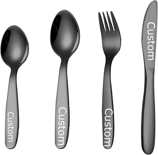 Stainless Steel Customized Rainbow Kids Silverware 2/3/4 Pieces Set,Engraving Name Knife Forks Spoon Set,Personalized Children's name tableware, Customized Flatware Set Black
