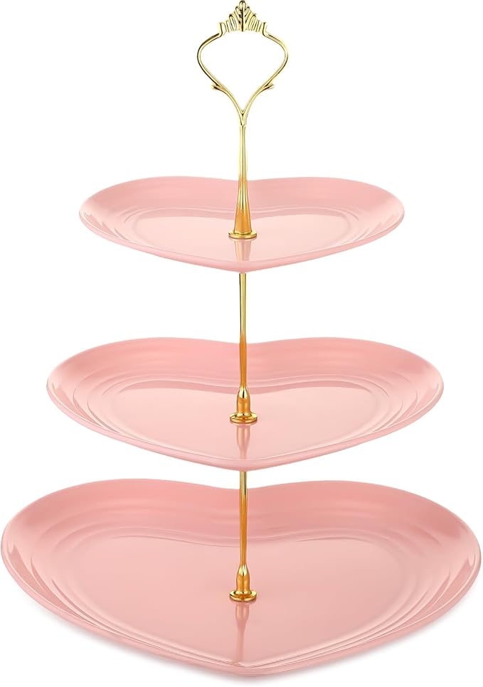 Layhit 1 Pack Valentine's Day 3 Tier Cupcake Stand Heart Shaped 3 Tiered Serving Trays for Party Plastic Tray Dessert Cupcake Stand for Tea Party Baby Shower Wedding (Pink)