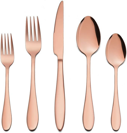 LIANYU 40-Piece Copper Silverware Set for 8, Stainless Steel Flatware Cutlery Set, Tableware Eating Utensils Include Forks Knives Spoons, Mirror Polished, Dishwasher Safe
