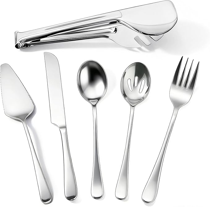 6 PCS Premium Stainless Steel Serving Utensils Set, Large Serving Spoons Slotted Spoons, Forks, Ice Tongs, Cake Server, Soup Ladle, Metal Flatware Set for Buffet Catering Banquet Home Party (Silver)