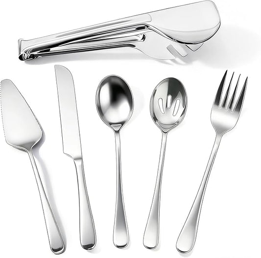 6 PCS Premium Stainless Steel Serving Utensils Set, Large Serving Spoons Slotted Spoons, Forks, Ice Tongs, Cake Server, Soup Ladle, Metal Flatware Set for Buffet Catering Banquet Home Party (Silver)
