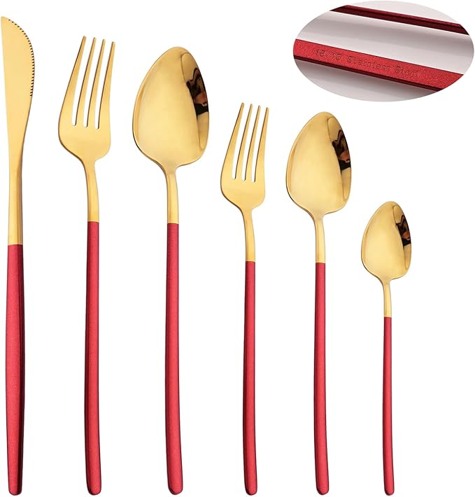 36pcs Silverware Set, 18/10 Stainless Steel Serving Flatware With Curved Handle For 6, Durable Eating Utensils For Home Entertaining, Mirror Polished (Red Gold)