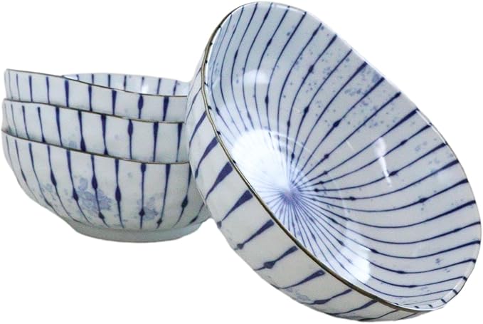 Ebros Gift Artistic Blue Waves Fubuki Tokusa Made In Japan Dinnerware Serveware Kitchenware Set Asian Japanese Restaurant Supply (Pack Of 4 Round Flair Medium Shallow Bowls 44oz)