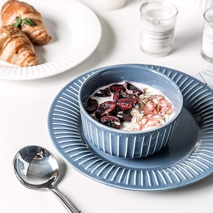 Dinner Sets,26Pcs Dinnerware Sets For 5, Ceramics Dinner Set, Tableware Set In French Style, Blue White Stripe Plates And Bowls Set, Complete Combi-Porcelain, Microwa