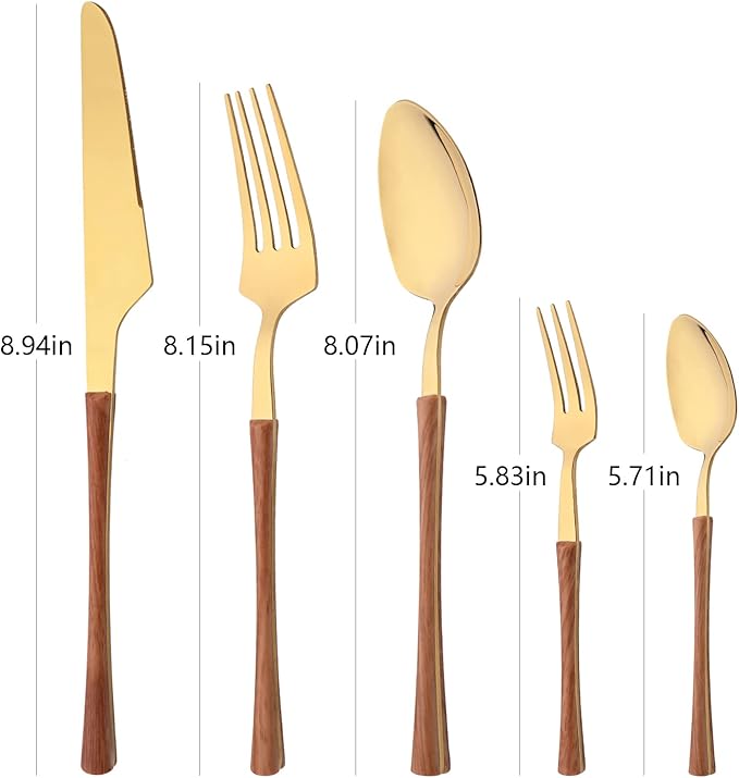20 Piece Stainless Steel Cutlery Flatware Set, Mirror Polished Silverware Set with Wood Grain Handle, Kitchen Utensil Sets for 4, Tableware With Knife Spoons And Forks Set (Brown Gold)