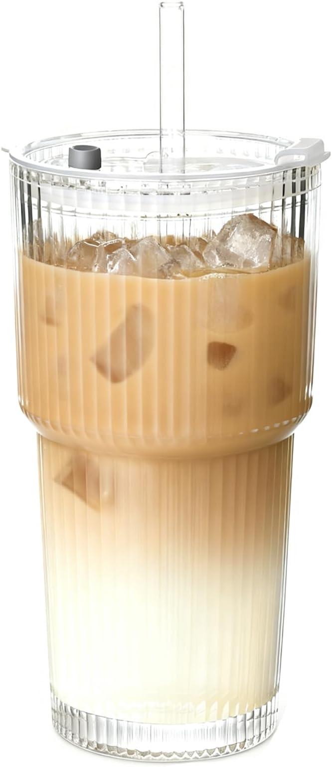 AFINSEA 20OZ Glass Tumbler with Straw and Lid,Glass Cups with Lids and Straws,Ribbed Iced Coffee Cups Vintage Glassware for Juice Whiskey Cocktail Beer