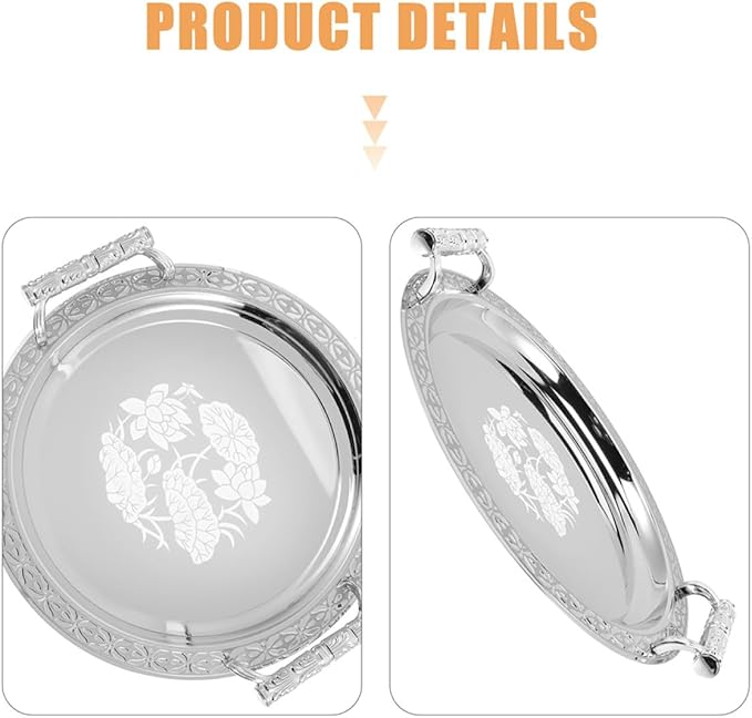 European Style Round Fruit Plate Silver Pattern Serving Tray for Home Storage and Appetizer Display Stainless Steel and Plastic Multi-use Decorative Platter for Snacks Nuts and