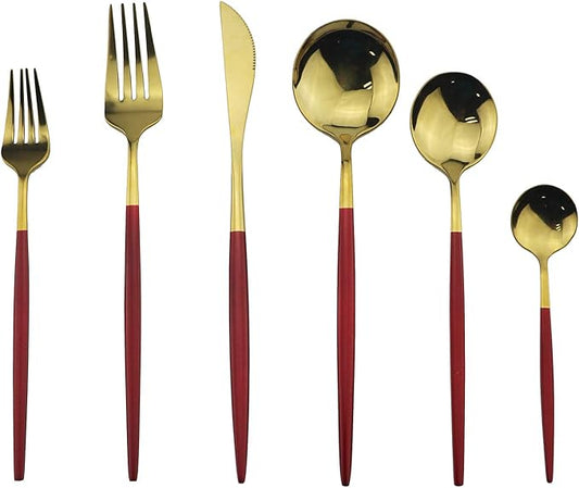 Gugrida Silverware Set, Elegant Life 24-Piece Stainless Steel Flatware Set Service for 4, Include Fork Spoon Knife, Tableware Cutlery Set for Home and Restaurant, Safe in Dishwasher（Red/Gold）