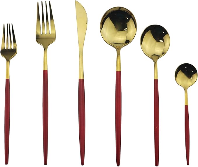 Gugrida Silverware Set, Elegant Life 6-Piece Stainless Steel Flatware Set Service for 1, Include Fork Spoon Knife, Tableware Cutlery Set for Home and Restaurant, Safe in Dishwasher（Red/Gold）