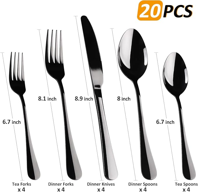 Black Silverware Set for 4, SANLUNS 20-Pieces Spoons Forks Knives Set,Flatware Set,Stainless Steel Tableware Cutlery Fine Dining Utensils Set,Great for Family Gatherings & Daily Use Dishwasher Safe