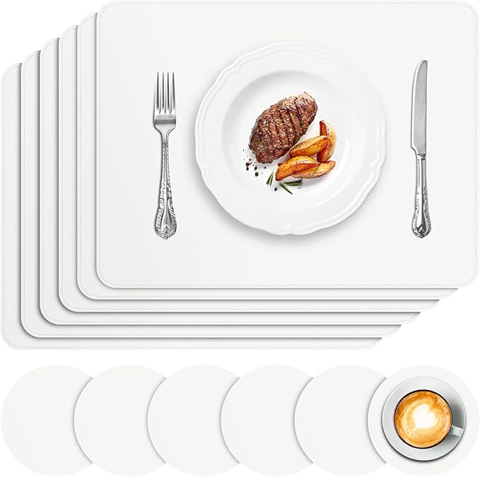 Vinyl Placemats Set of 6, Faux Leather Heat Resistant Kitchen Place Mats, Waterproof Wipeable Dining Table Mats and Coasters for Indoor, Outdoor (White)