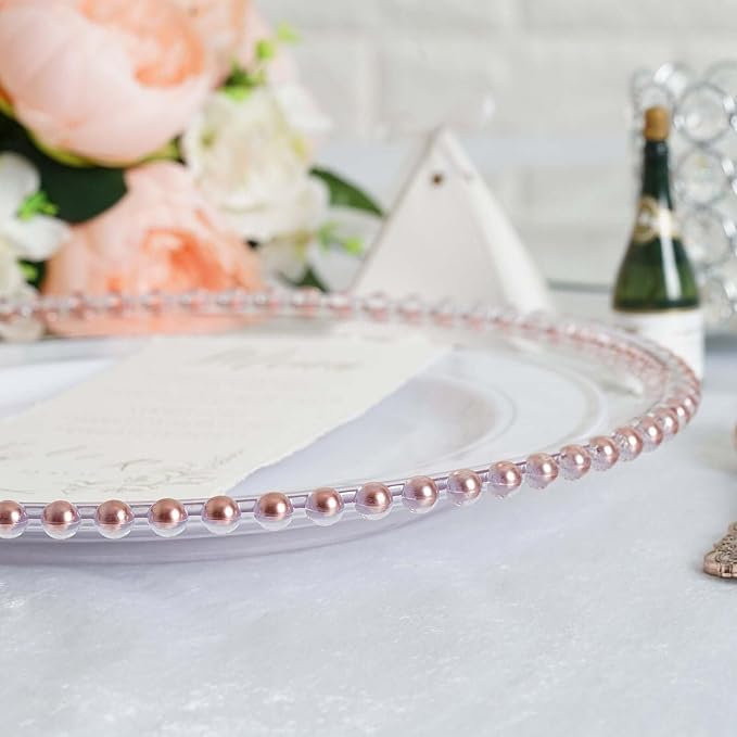 Efavormart 6 Pack 12" Rose Gold Acrylic Round Charger Plates With Beaded Rim Dinner Charger Plates