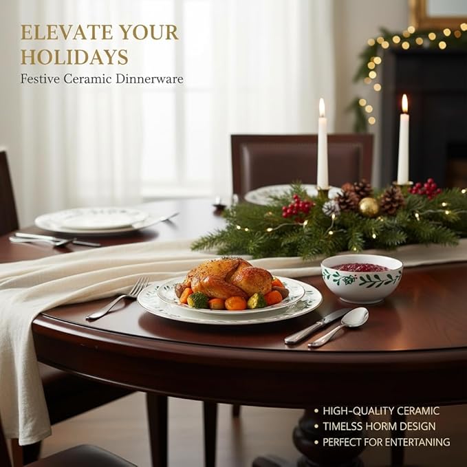 12-Piece Holly Pattern Ceramic Dinnerware Set, Holiday Matte Glaze Plates Bowls, Dishwasher & Microwave Safe, Daily Use & Christmas Tableware, White