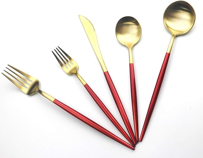 Gugrida Red Gold Flatware, Royal 5 Pieces Matte Black Handle 18/10 Stainless Steel Tableware Sets for 1 Including Forks Spoons Knives, Camping Silverware Travel Utensils Set Cutlery (Red Gold)