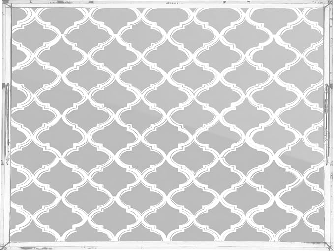 Serving Tray with Handles Clear Acrylic Tray 12x16 Inch Decorative Rectangular Tray Organizer for Ottoman Coffee Table Bathroom Silver Minimalist Quatrefoil