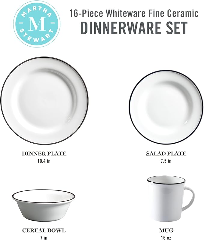 Martha Stewart Cliffield 16-Piece Porcelain Chip and Scratch Resistant Dinnerware Set - White w/Black Rim