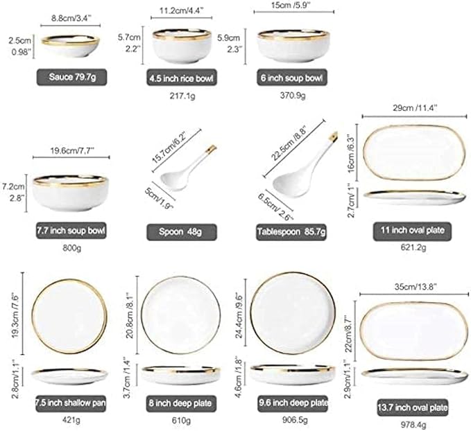 Dinnerware Set Luxury Family Dinner Service Set, Dinnerware Sets Service for 2/4/6, Kitchen Plates and Bowls Sets White, Luxury Bone China Tableware, Nordic Gold Porcelai,26pcs