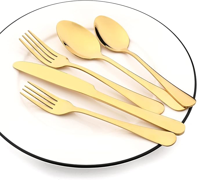 35-Piece Mirror Gold Flatware Set, 18/0 Stainless Steel Cutlery Set With Seriving Utensils For 6, Home Restaurant Silverware Set With Cake Knife, Colander, Soup Spoon, Dishwasher Safe